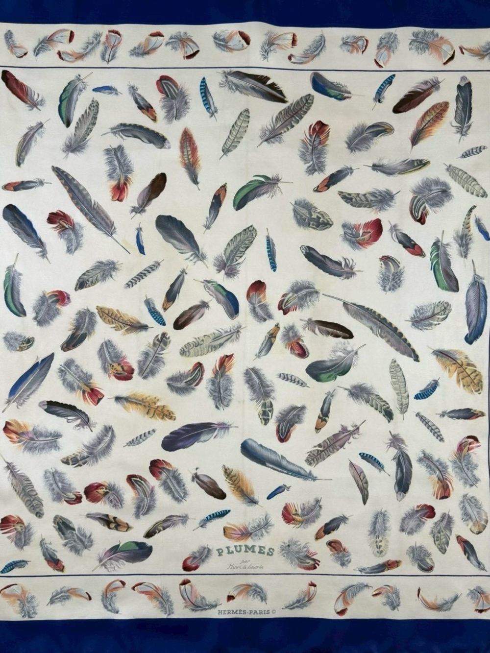 Hermes Multicolor Feather Print Silk Scarf - Blue Trim